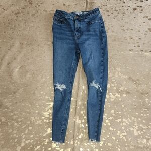 Blue Skinny Distressed Jeans with Frayed Hem